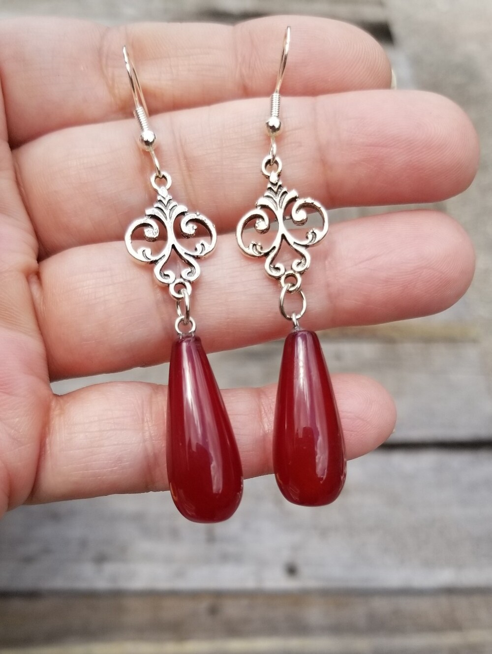Natural Red Onyx Fleur de Lis Dangle Earrings, Silver Fleur de Lis Earrings
